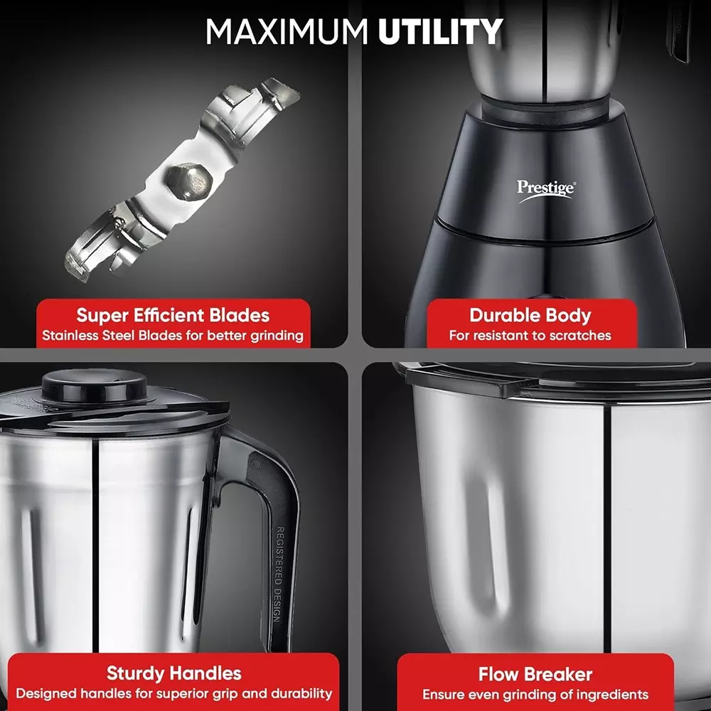 Prestige Apex Mixer Grinder With 3 Jar 500 W Stainless Steel Jar Black, Sliver, 43163