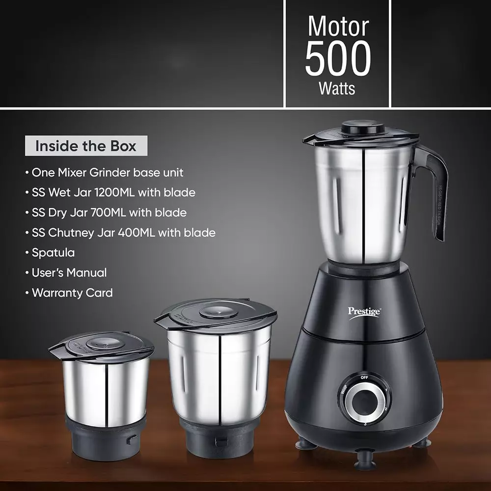 Prestige Apex Mixer Grinder With 3 Jar 500 W Stainless Steel Jar Black, Sliver, 43163