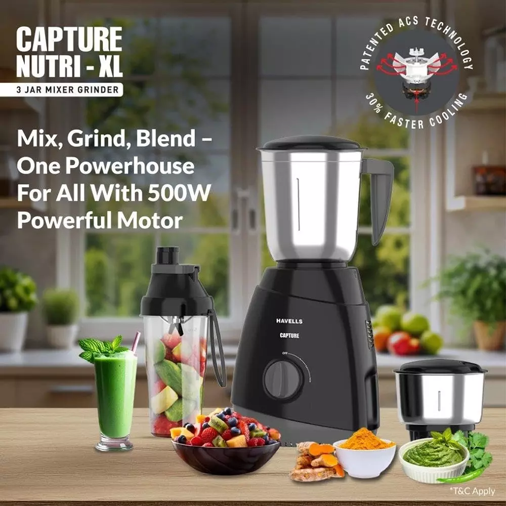 Havells Capture Nutri XL 500 W Mixer Grinder with 3 Jar Black, GHFMGFIK050