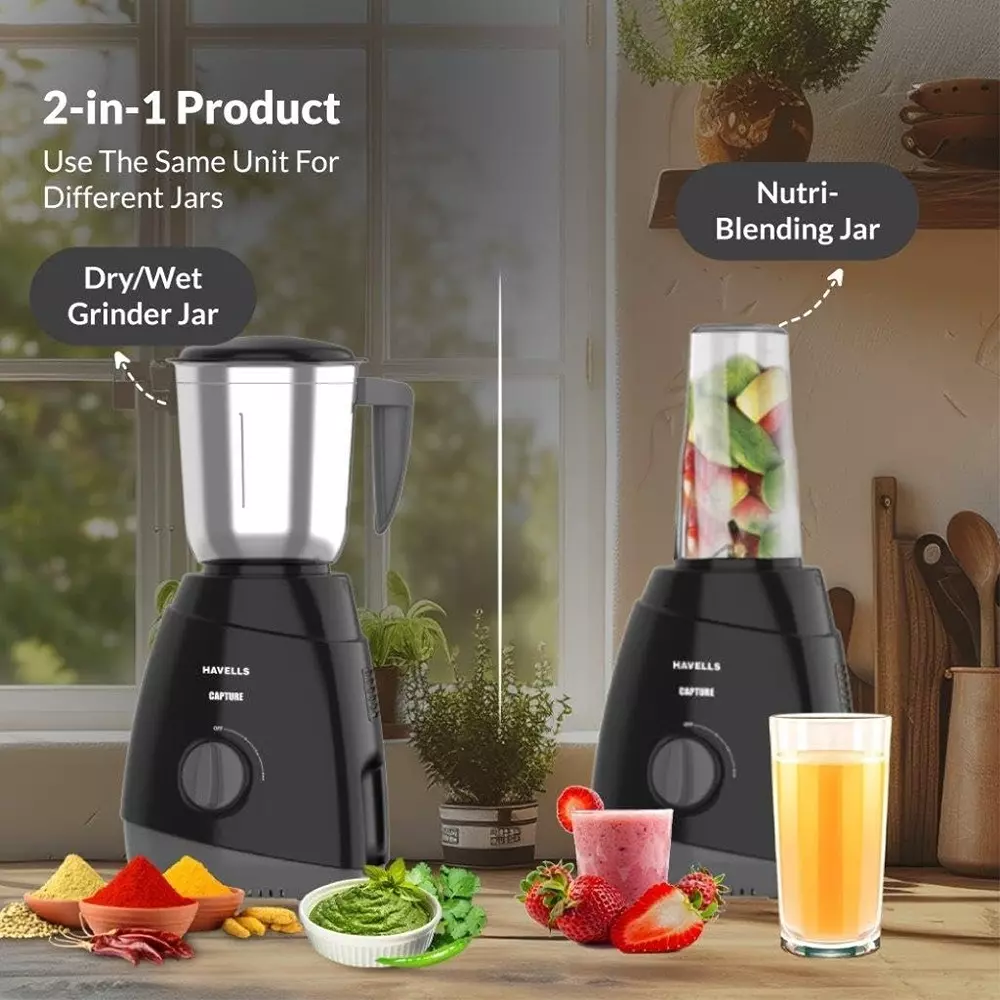 Havells Capture Nutri XL 500 W Mixer Grinder with 3 Jar Black, GHFMGFIK050