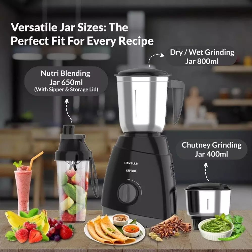 Havells Capture Nutri XL 500 W Mixer Grinder with 3 Jar Black, GHFMGFIK050