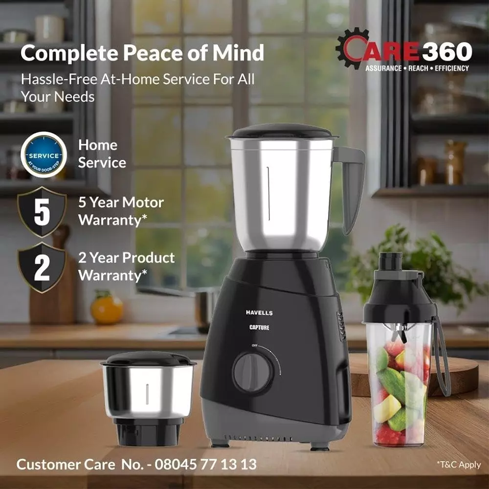 Havells Capture Nutri XL 500 W Mixer Grinder with 3 Jar Black, GHFMGFIK050