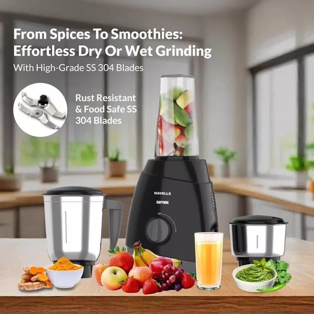 Havells Capture Nutri XL 500 W Mixer Grinder with 3 Jar Black, GHFMGFIK050