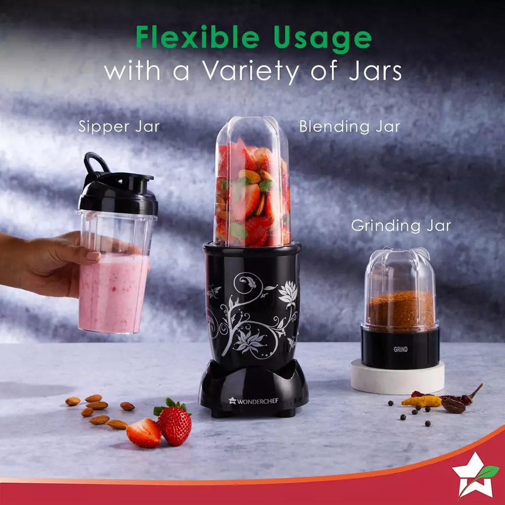 Wonderchef Nutri-Blend Mixer Grinder with Sipper Black Plastic 500 W 500 ml Capacity for Grinding & Chutney