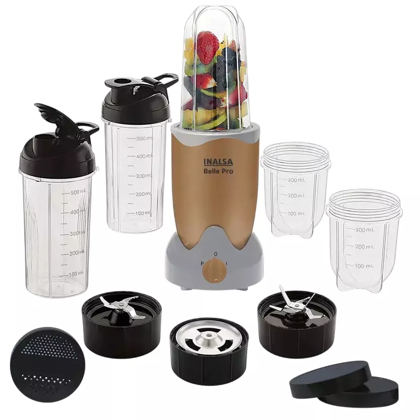Inalsa Belle Pro Nutri Juicer Mixer Grinder with 5 Jars 600 W Polycarbonate Jars Stainless Blades 230 V Gold & Silver Color