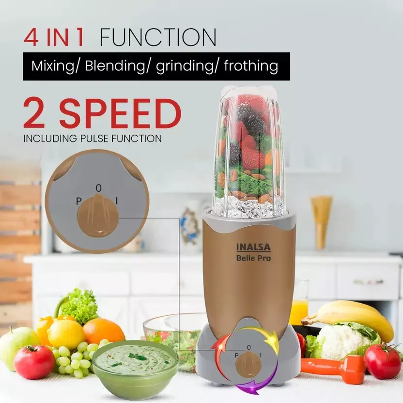 Inalsa Belle Pro Nutri Juicer Mixer Grinder with 5 Jars 600 W Polycarbonate Jars Stainless Blades 230 V Gold & Silver Color
