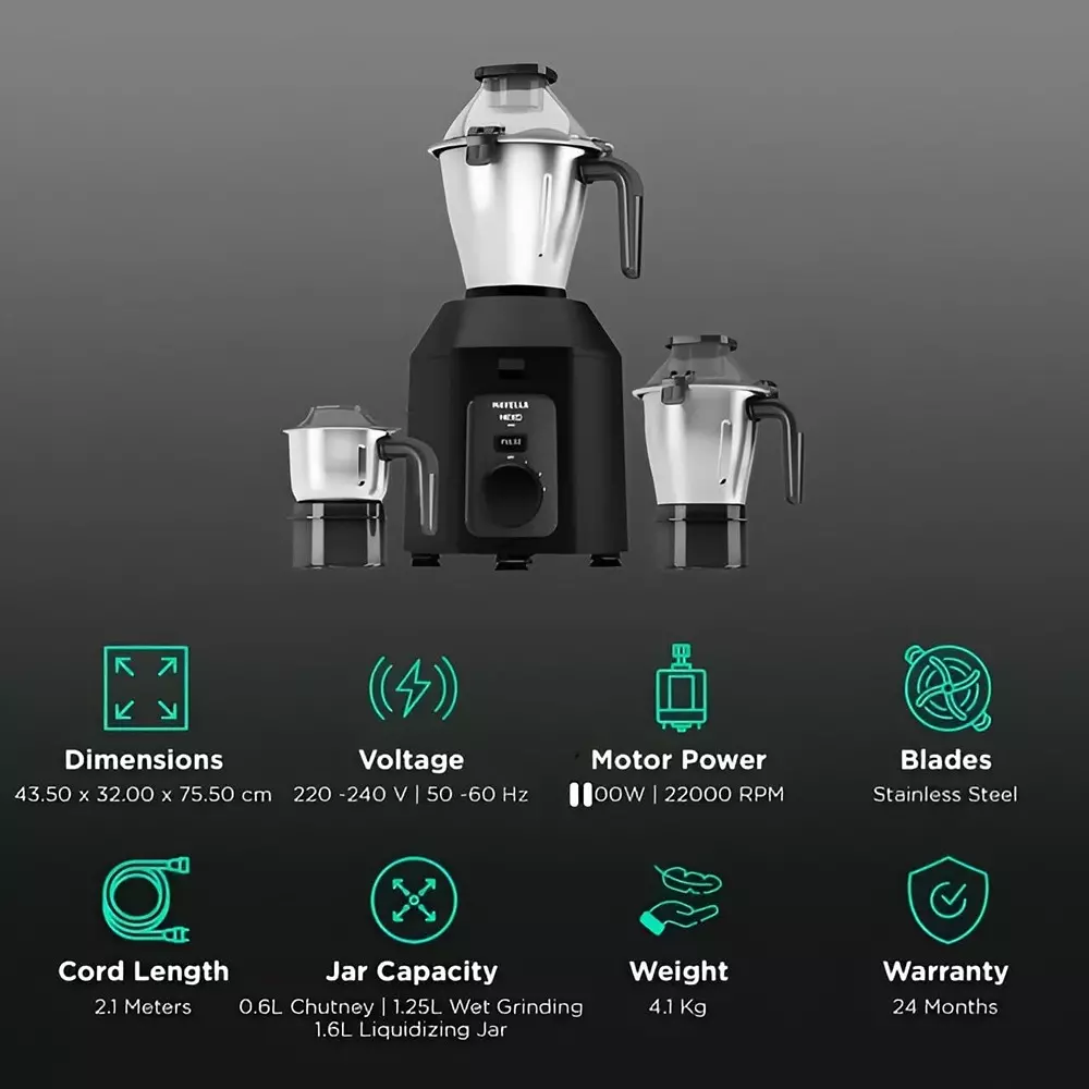 Havells Hexo Plus 1100 W Mixer Grinder with 3 Jar Black, GHFMGDIK110