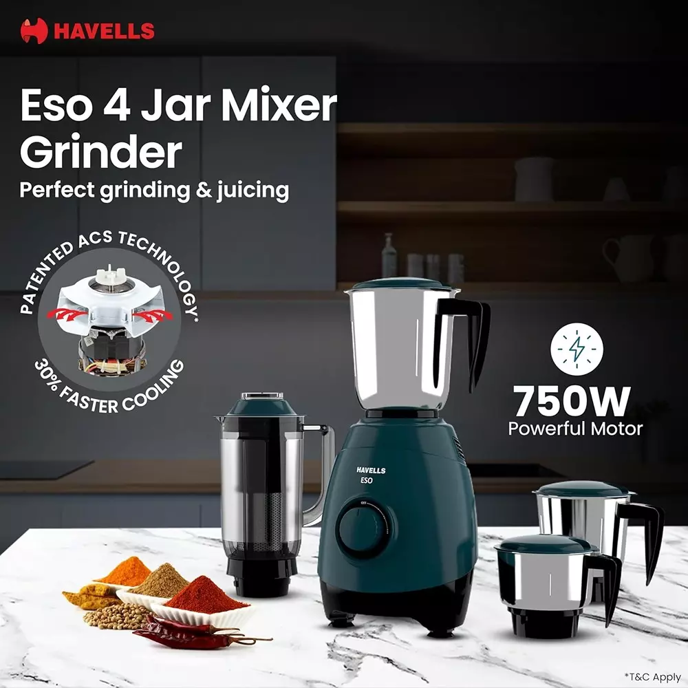 Havells ESO 750 W Mixer Grinder with 4 Jar Teal, GHFMGELK075