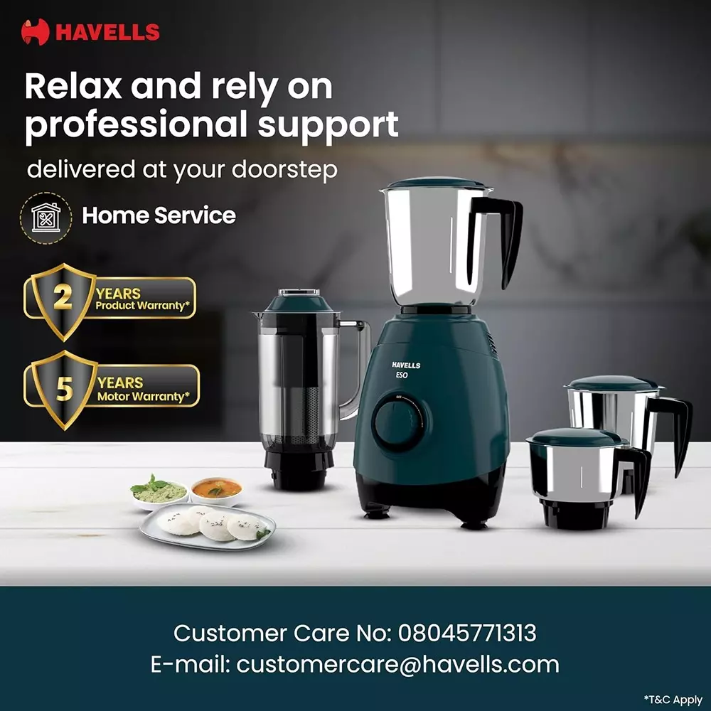 Havells ESO 750 W Mixer Grinder with 4 Jar Teal, GHFMGELK075