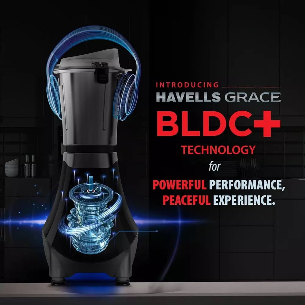 Havells Grace+BLDC 800 W Mixer Grinder with 3 Jar Black, GHFMGFEK080