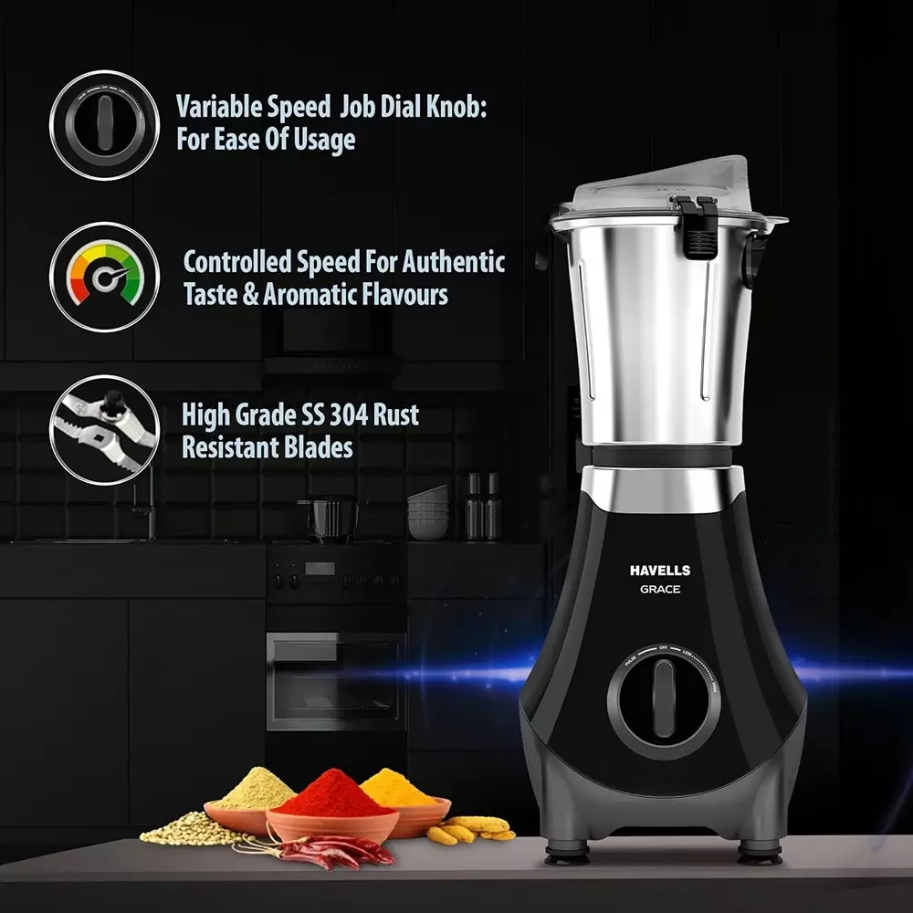 Havells Grace+BLDC 800 W Mixer Grinder with 3 Jar Black, GHFMGFEK080