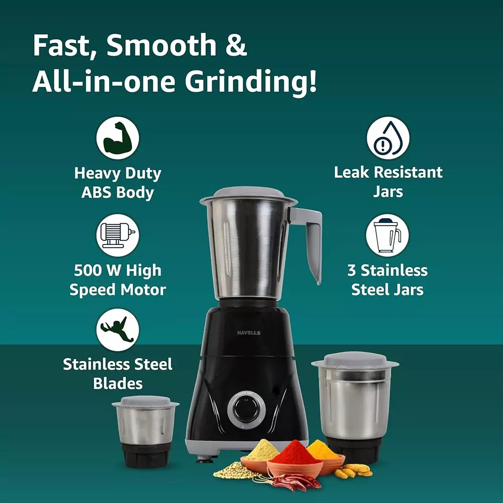 Havells Pulse 500 W Mixer Grinder with 3 Jar Black, GHFMGFWK050