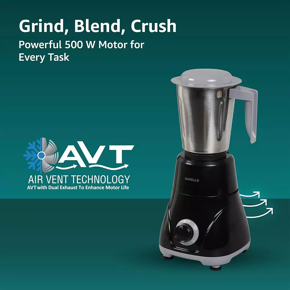 Havells Pulse 500 W Mixer Grinder with 3 Jar Black, GHFMGFWK050