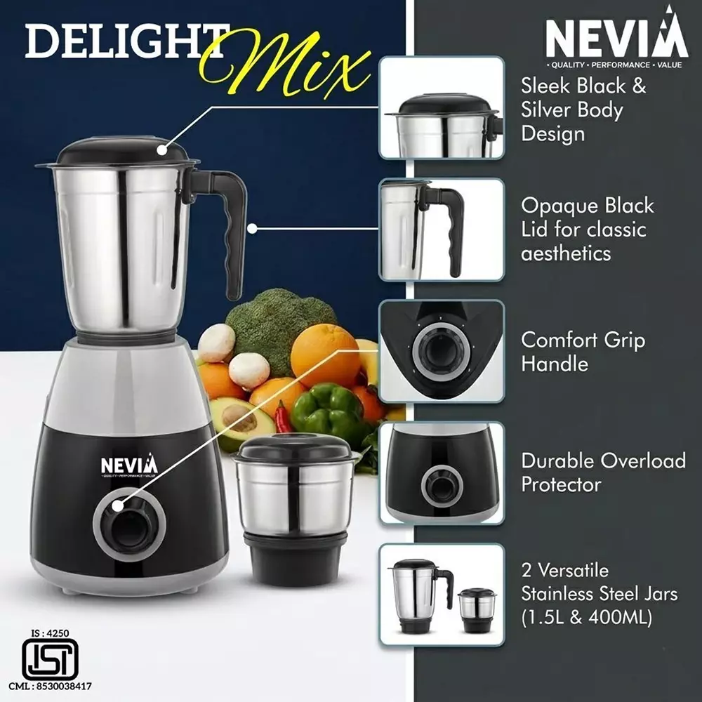 nevia-550-w-delight-mix-mixer-grinder-18000-rpm-speed-with-2-jars-in-black-grey-color-550-delightmix-mg-blkgr