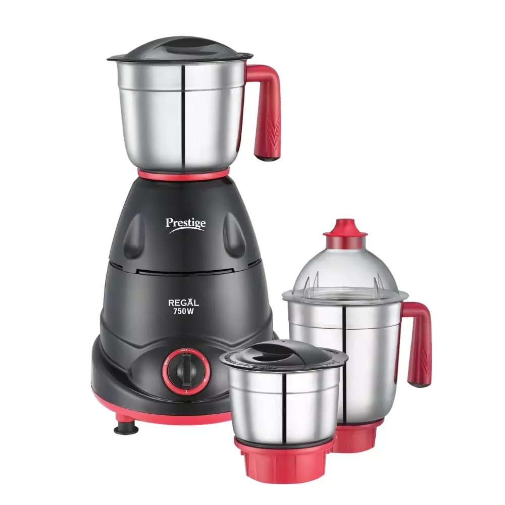 Prestige Regal Mixer Grinder With 3 Jar 750 W Stainless Steel Jar Black & Red, 42568