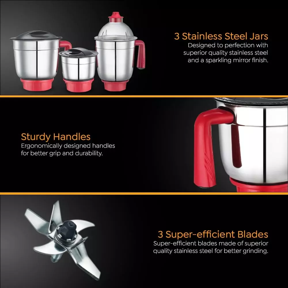 Prestige Regal Mixer Grinder With 3 Jar 750 W Stainless Steel Jar Black & Red, 42568