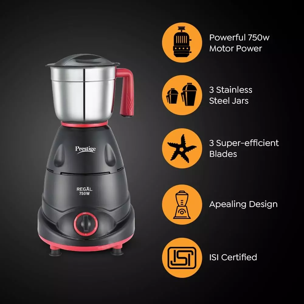 Prestige Regal Mixer Grinder With 3 Jar 750 W Stainless Steel Jar Black & Red, 42568