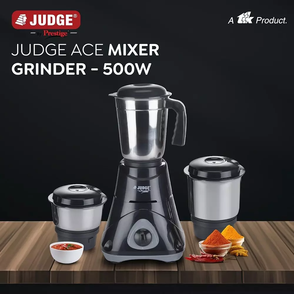 Judge by Prestige Ace Mixer Grinder With 3 Jar 500 W Stainless Steel Jar Black, Sliver, 50115