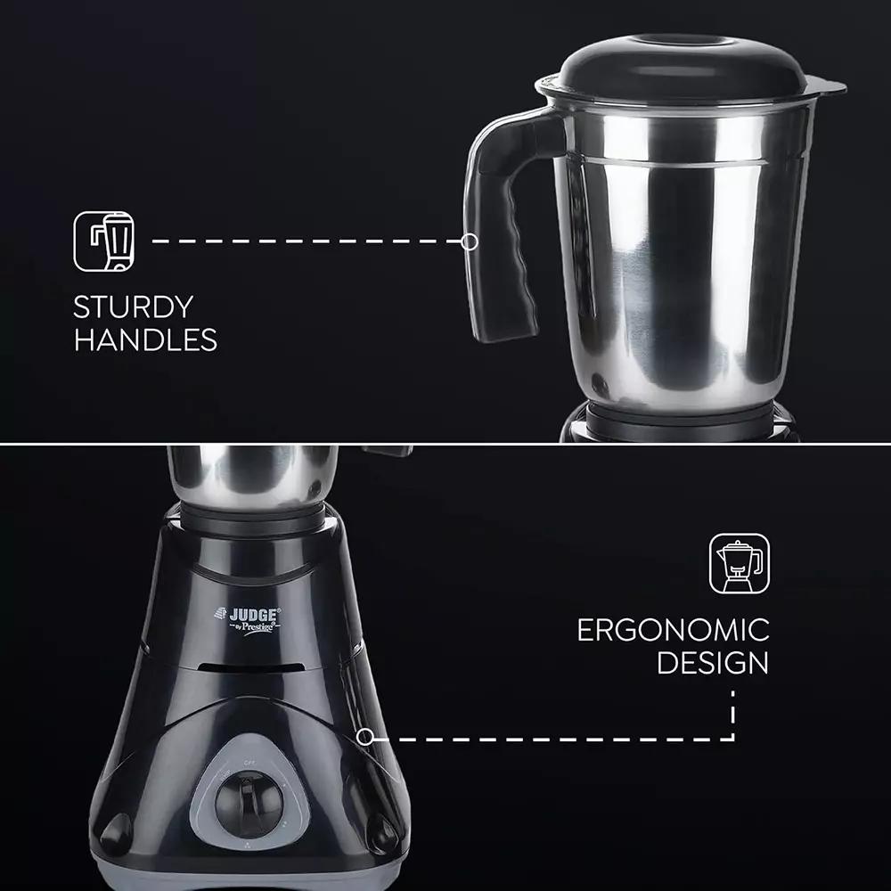 Judge by Prestige Ace Mixer Grinder With 3 Jar 500 W Stainless Steel Jar Black, Sliver, 50115