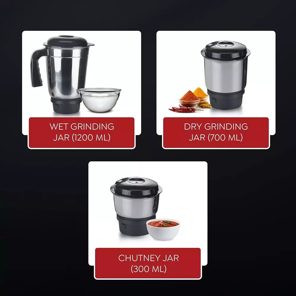 Judge by Prestige Ace Mixer Grinder With 3 Jar 500 W Stainless Steel Jar Black, Sliver, 50115