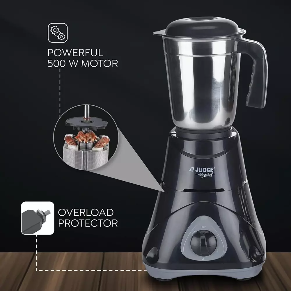 Judge by Prestige Ace Mixer Grinder With 3 Jar 500 W Stainless Steel Jar Black, Sliver, 50115