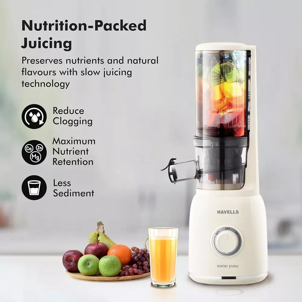 Havells NUTRI PURE 105 W Cold Press Slow Juicer with 800 ml Juicing Cup Ivory, GHGJMFJY012