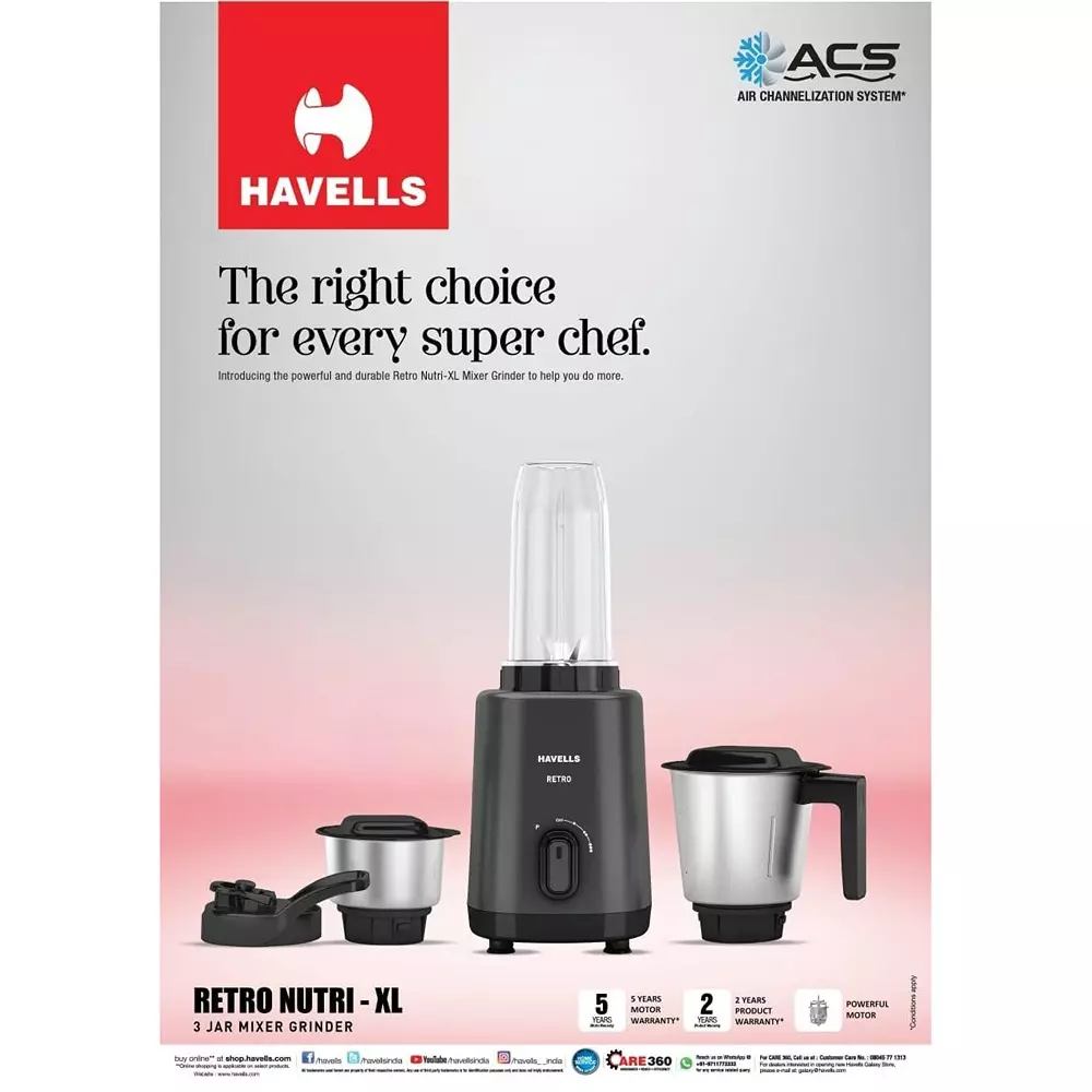 Havells Retro Nutri XL 500 W Mixer Grinder with 3 Jar Black, GHFMGEZE050