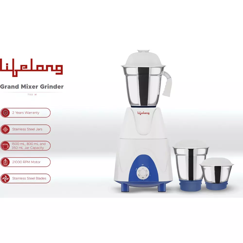 Lifelong Grand Mixer Grinder Kit Stainless Steel Corded Electric 750 W Power 1.5 L Capacity Stainless Steel 220-240 V AC for Kitchen, LLMG101