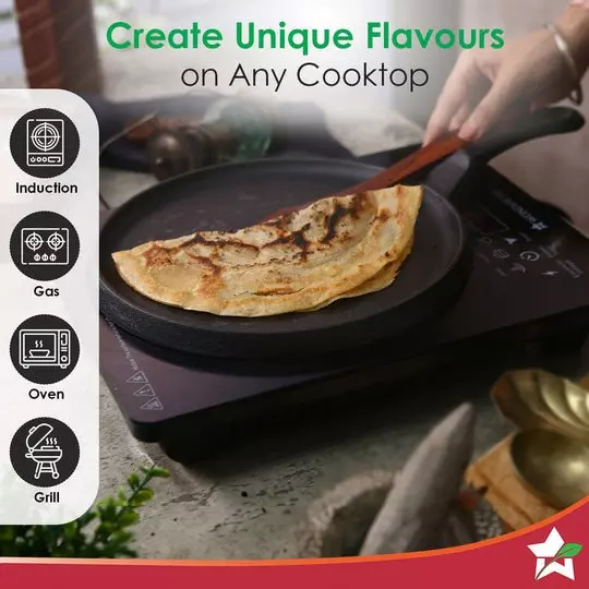 Wonderchef Forza Pre-Seasoned Dosa Tawa 25 cm Non Stick Cast-Iron Black, 63153470