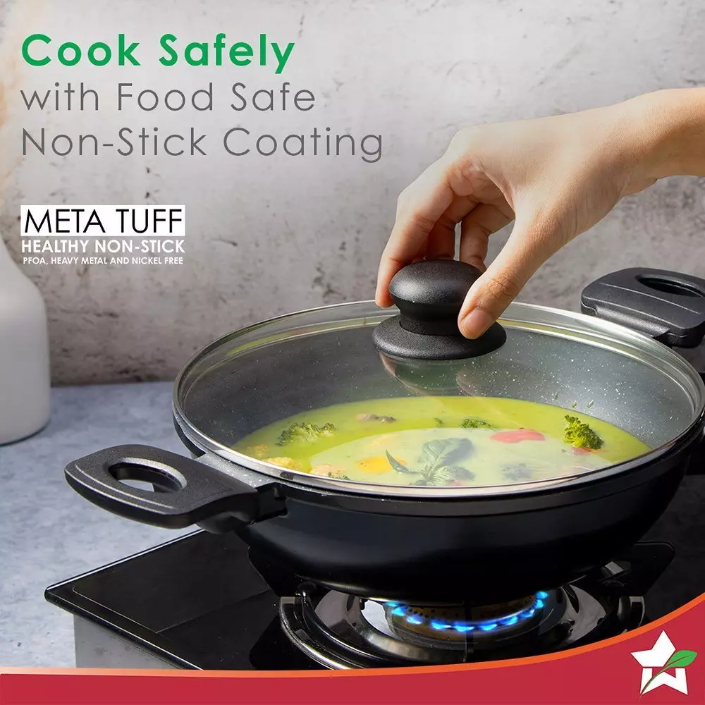 Wonderchef Duralite Kadhai with Glass Lid 24 cm 2.4 L Pure Grade Aluminium Non-Stick Black, 63154866