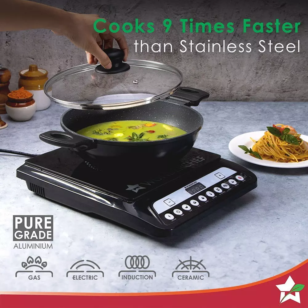 Wonderchef Duralite Kadhai with Glass Lid 24 cm 2.4 L Pure Grade Aluminium Non-Stick Black, 63154866