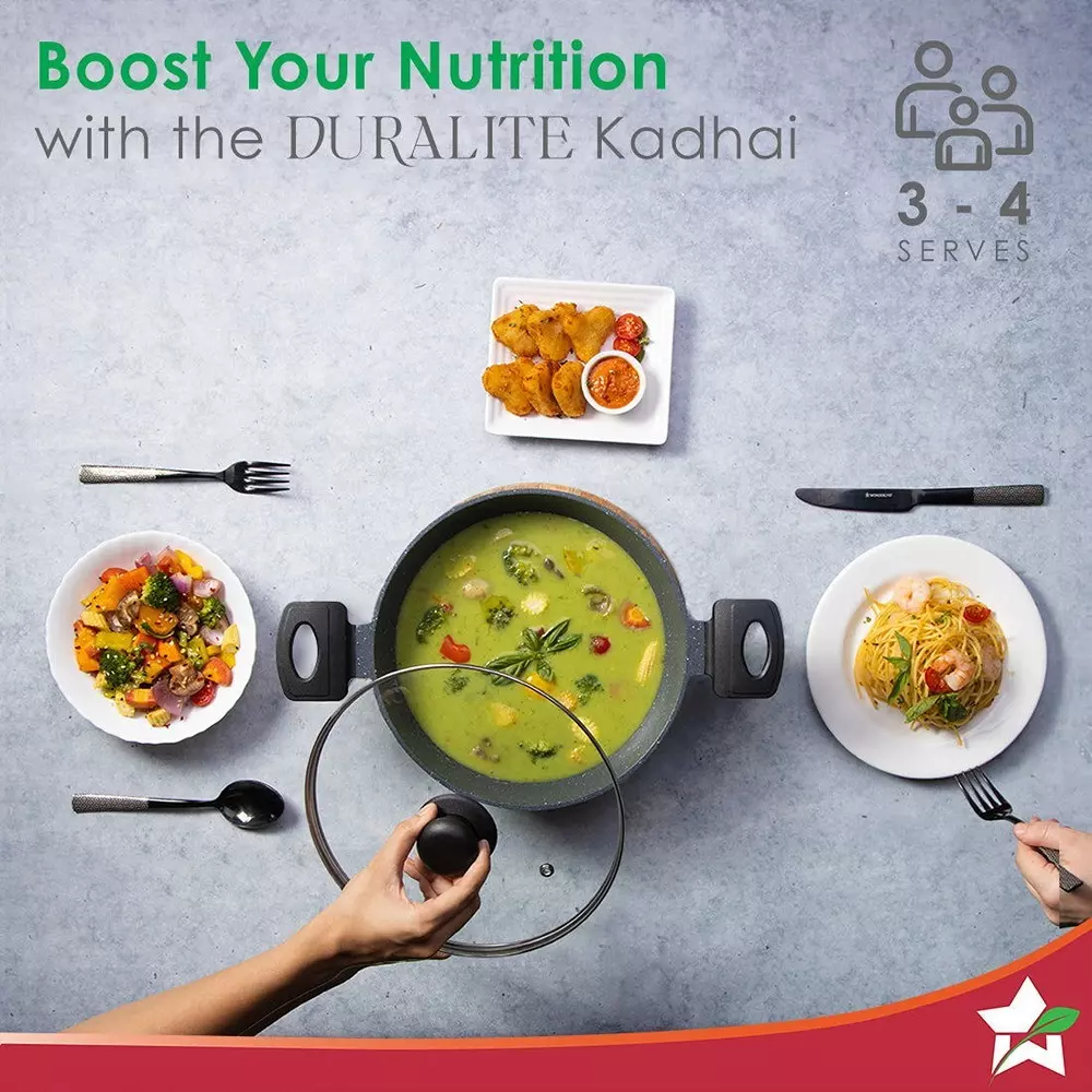 Wonderchef Duralite Kadhai with Glass Lid 24 cm 2.4 L Pure Grade Aluminium Non-Stick Black, 63154866