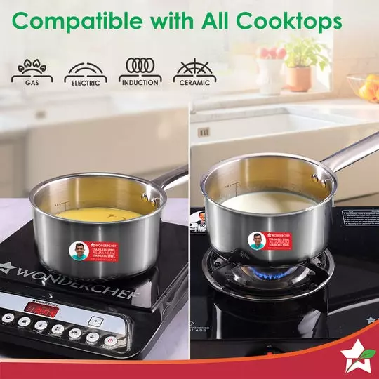 Wonderchef Stella Milk Pan 16 cm 1.7 L Tri-ply Stainless Steel Non-Toxic Chrome, 63155054
