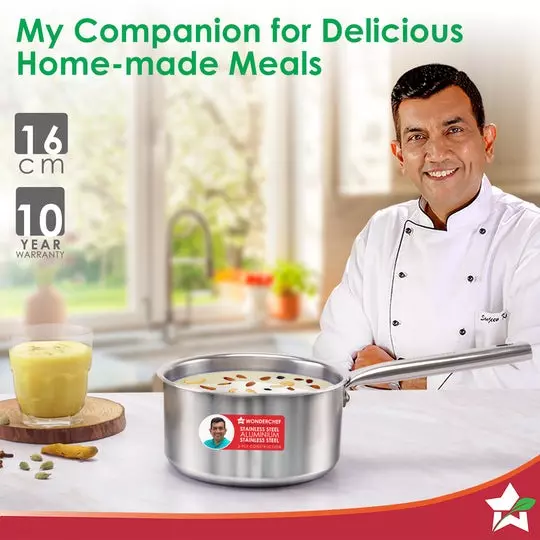 Wonderchef Stella Milk Pan 16 cm 1.7 L Tri-ply Stainless Steel Non-Toxic Chrome, 63155054