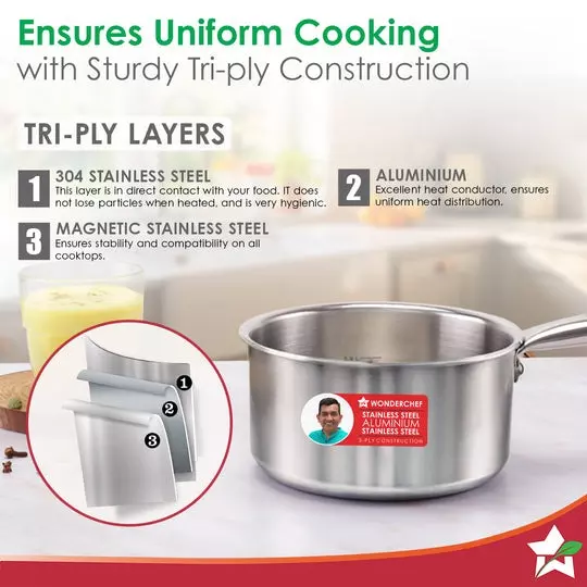 Wonderchef Stella Milk Pan 16 cm 1.7 L Tri-ply Stainless Steel Non-Toxic Chrome, 63155054