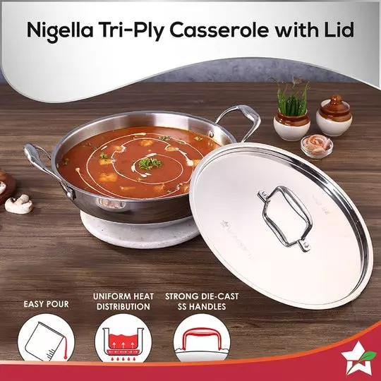 Wonderchef Nigella Kadhai with Lid 20 cm 1.5 L Tri-ply Stainless Steel Non-Toxic Chrome, 63153400