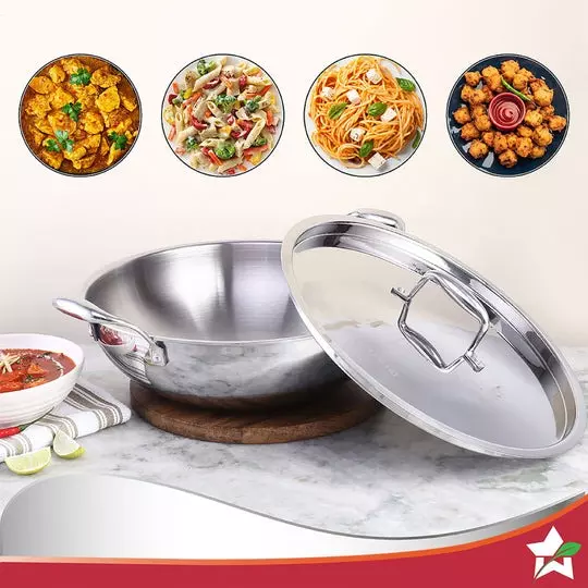 Wonderchef Nigella Kadhai with Lid 20 cm 1.5 L Tri-ply Stainless Steel Non-Toxic Chrome, 63153400