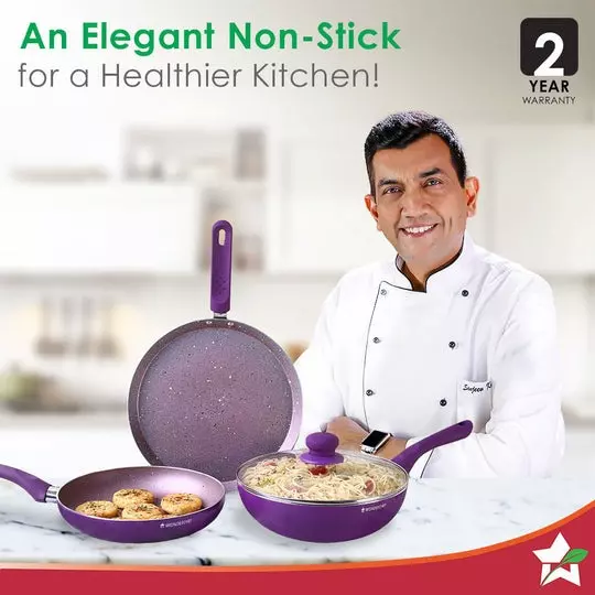 Wonderchef Royal Velvet Dosa Tawa, Fry Pan & Kadhai with Glass Lid Non-Stick Virgin Aluminium Purple, 63152298 (4 Pcs Set)