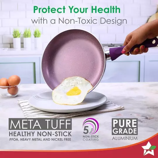 Wonderchef Royal Velvet Dosa Tawa, Fry Pan & Kadhai with Glass Lid Non-Stick Virgin Aluminium Purple, 63152298 (4 Pcs Set)