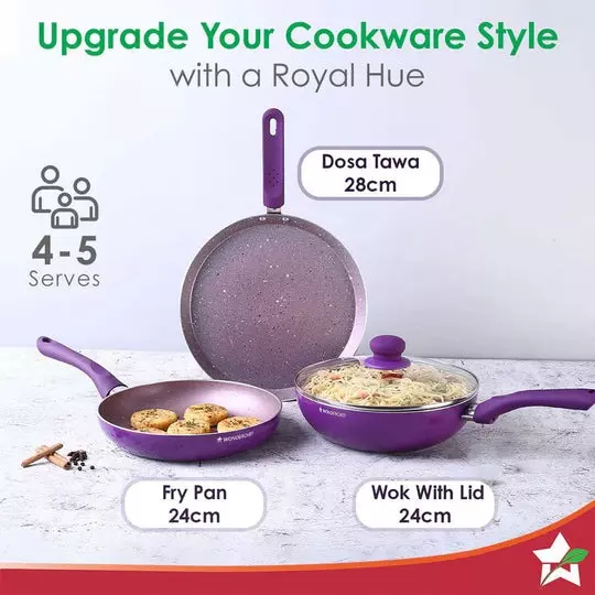 Wonderchef Royal Velvet Dosa Tawa, Fry Pan & Kadhai with Glass Lid Non-Stick Virgin Aluminium Purple, 63152298 (4 Pcs Set)
