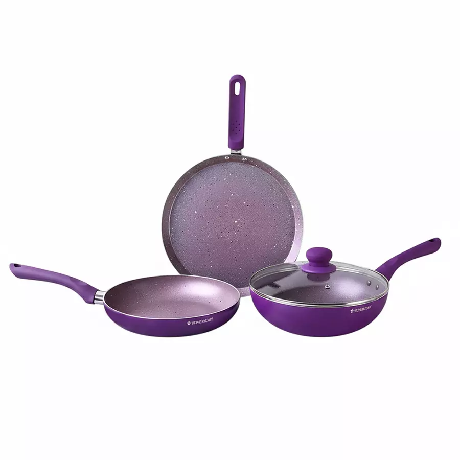 Wonderchef Royal Velvet Dosa Tawa, Fry Pan & Kadhai with Glass Lid Non-Stick Virgin Aluminium Purple, 63152298 (4 Pcs Set)