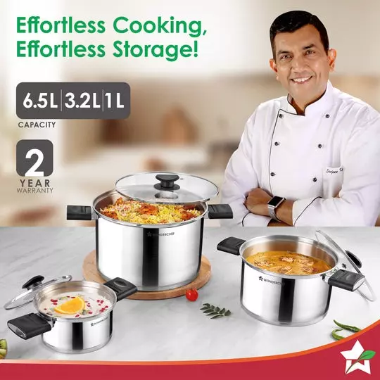 Wonderchef Click & Cook 1, 3.2 & 6.5 L Casserole Set with Glass Lid Triply Stainless Steel Chrome, 63154975 (6 Pcs Set)
