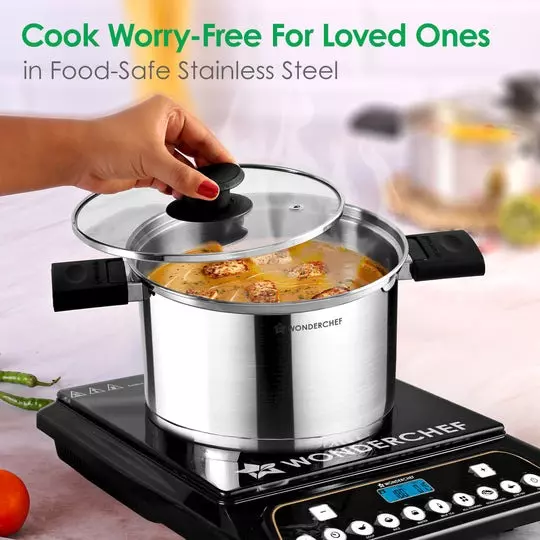 Wonderchef Click & Cook 1, 3.2 & 6.5 L Casserole Set with Glass Lid Triply Stainless Steel Chrome, 63154975 (6 Pcs Set)