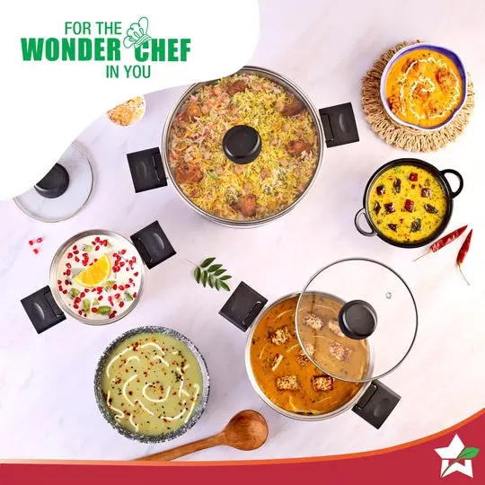Wonderchef Click & Cook 1, 3.2 & 6.5 L Casserole Set with Glass Lid Triply Stainless Steel Chrome, 63154975 (6 Pcs Set)