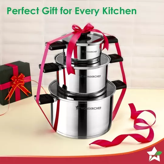 Wonderchef Click & Cook 1, 3.2 & 6.5 L Casserole Set with Glass Lid Triply Stainless Steel Chrome, 63154975 (6 Pcs Set)