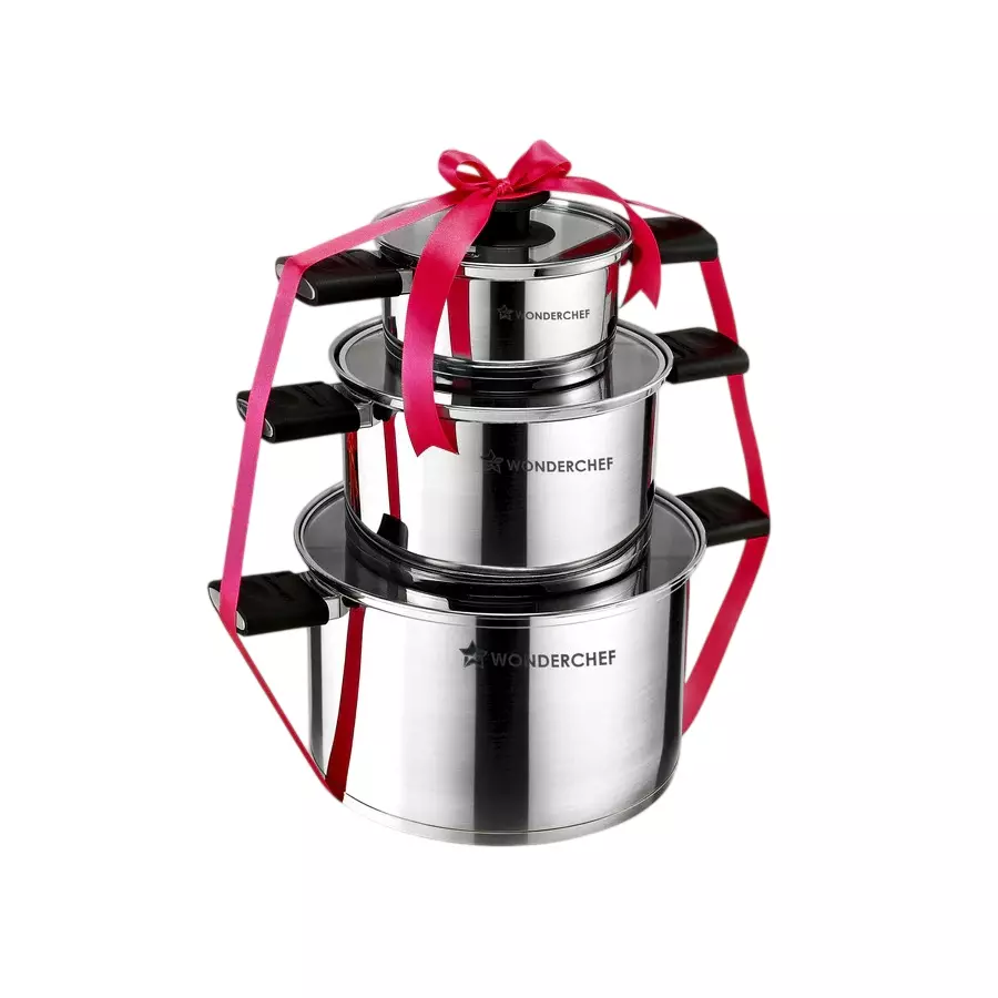 Wonderchef Click & Cook 1, 3.2 & 6.5 L Casserole Set with Glass Lid Triply Stainless Steel Chrome, 63154975 (6 Pcs Set)