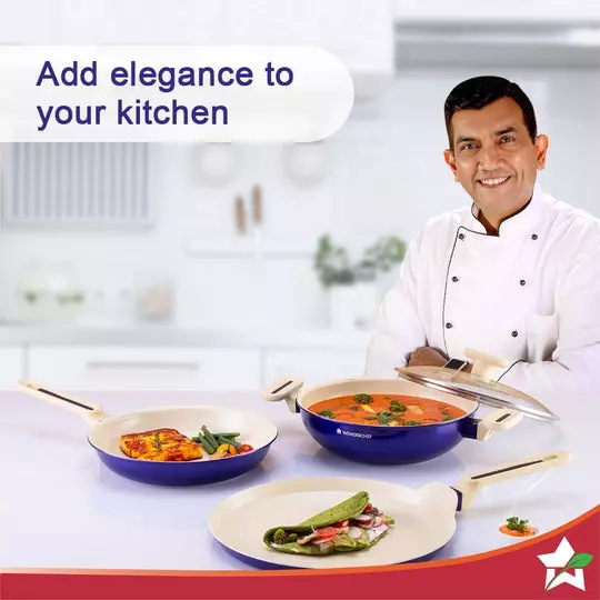 Wonderchef Bellagio Dosa Tawa, Fry Pan & Kadhai with Glass Lid Non-Stick Ceramic Electric Blue, 63154803 (4 Pcs Set)