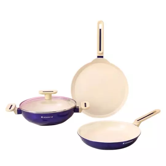 Wonderchef Bellagio Dosa Tawa, Fry Pan & Kadhai with Glass Lid Non-Stick Ceramic Electric Blue, 63154803 (4 Pcs Set)