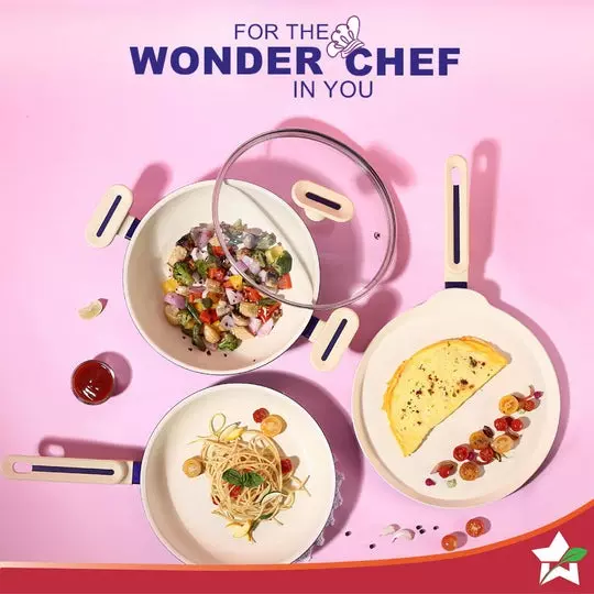 Wonderchef Bellagio Dosa Tawa, Fry Pan & Kadhai with Glass Lid Non-Stick Ceramic Electric Blue, 63154803 (4 Pcs Set)