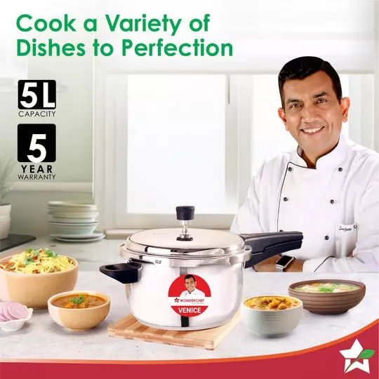 Wonderchef Venice 5 L Pressure Cooker with Outer Lid Stainless Steel Chrome ISI Certified, 63155044